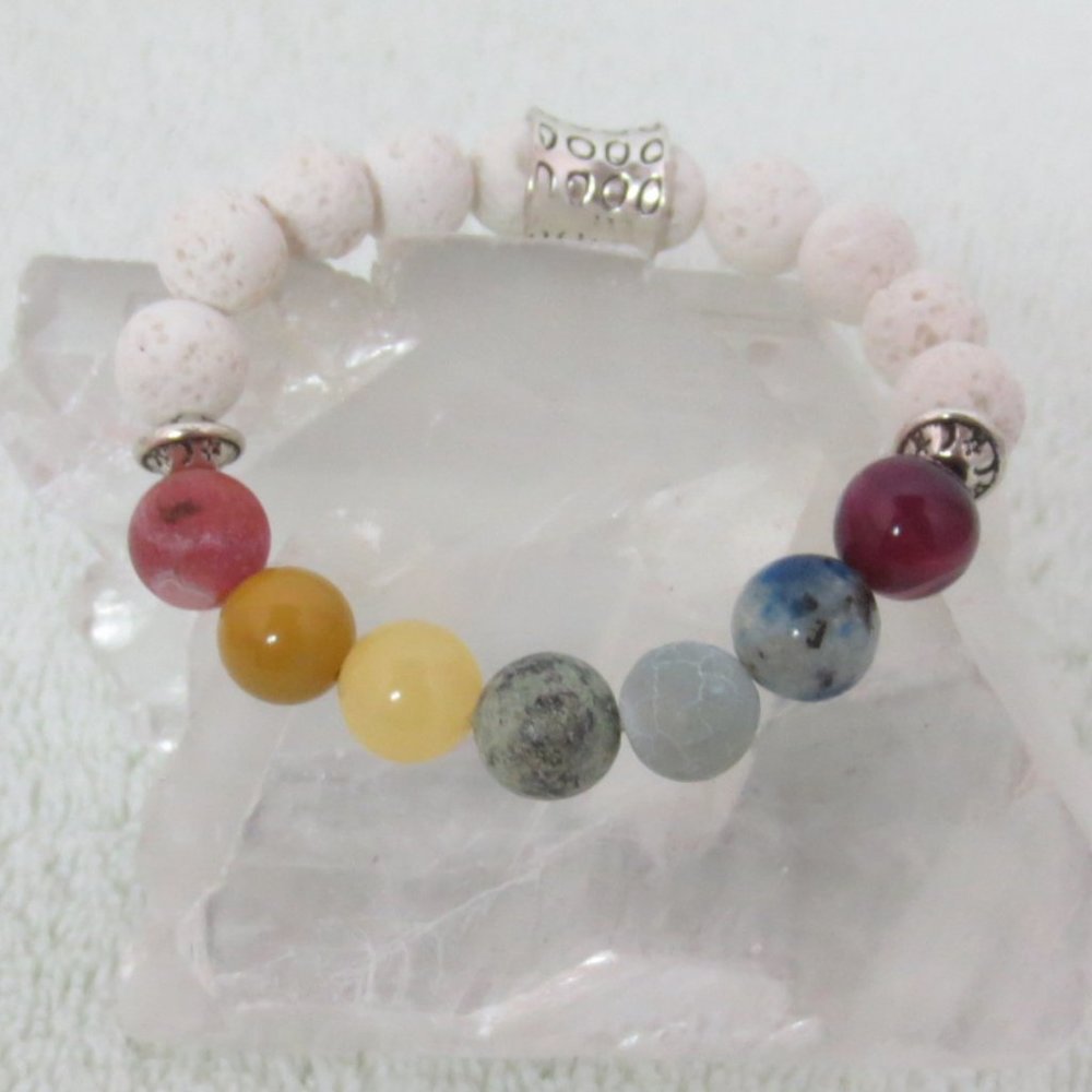 Hand Crafted Bracelet Chakra Gemstones Lava Rock Beaded Silver Stretch Unisex